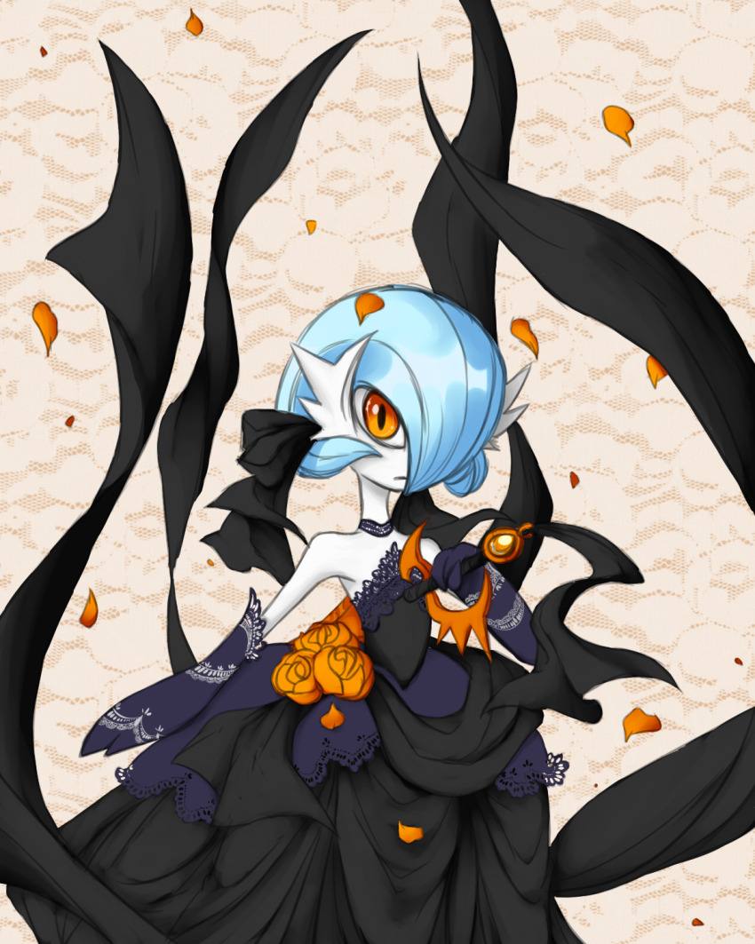 alternate_color amaranthnymph black_dress black_gloves blue_hair bob_cut colored_skin dress elbow_gloves gardevoir gen_3_pokemon gloves hair_over_one_eye highres mega_gardevoir mega_pokemon nintendo orange_eyes orange_petals petals pokemon pokemon_(creature) shiny_pokemon strapless strapless_dress white_skin