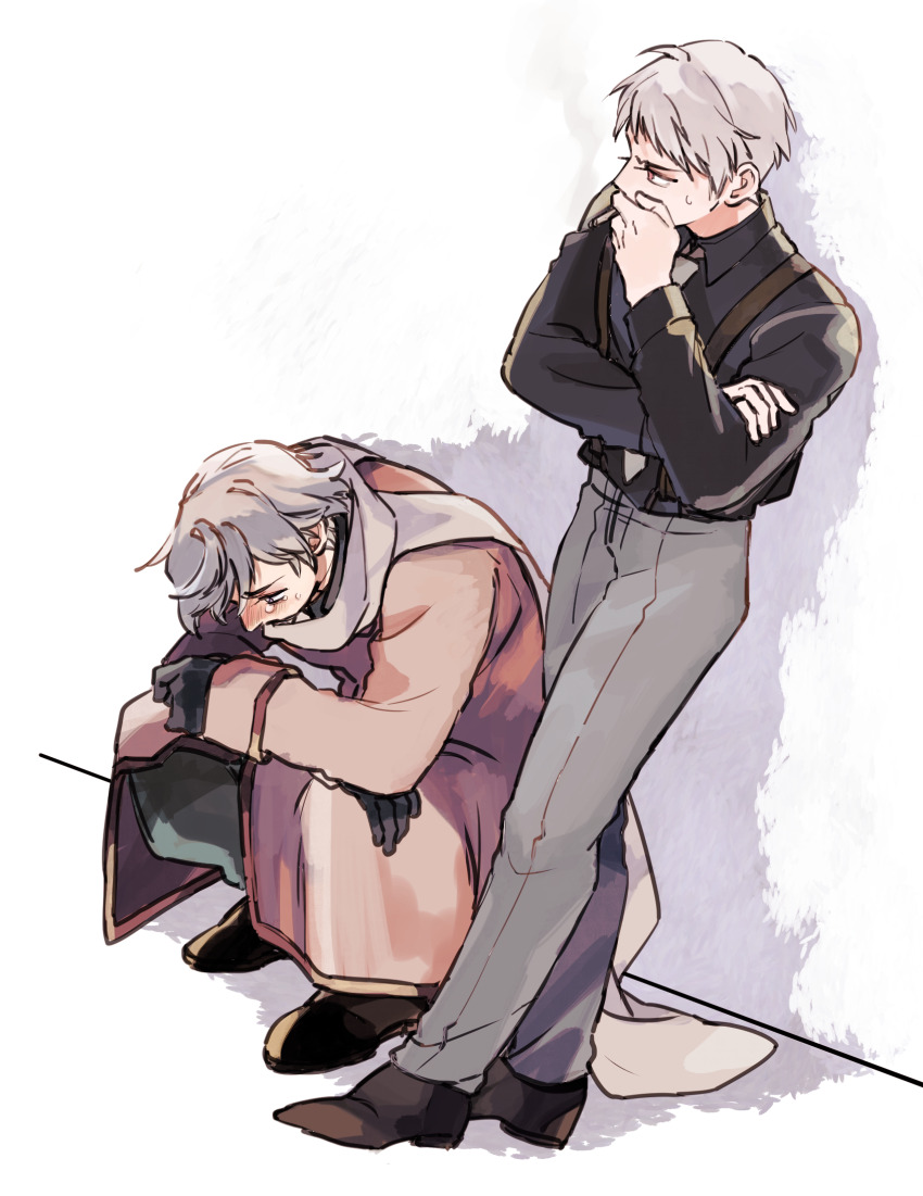2boys against_wall axis_powers_hetalia between_fingers black_boots black_pants black_shirt blush boots brown_coat brown_shoes cigarette coat collared_shirt commentary_request covering_own_mouth crying crying_with_eyes_open full_body gloves goro_nyanko grey_hair grey_pants grey_scarf hand_up highres holding holding_cigarette long_sleeves looking_down looking_to_the_side male_focus multiple_boys necktie pants prussia_(hetalia) purple_eyes red_eyes red_necktie russia_(hetalia) sad scarf shadow shirt shoes short_hair smoke smoking squatting standing suspenders sweatdrop tears v-shaped_eyebrows