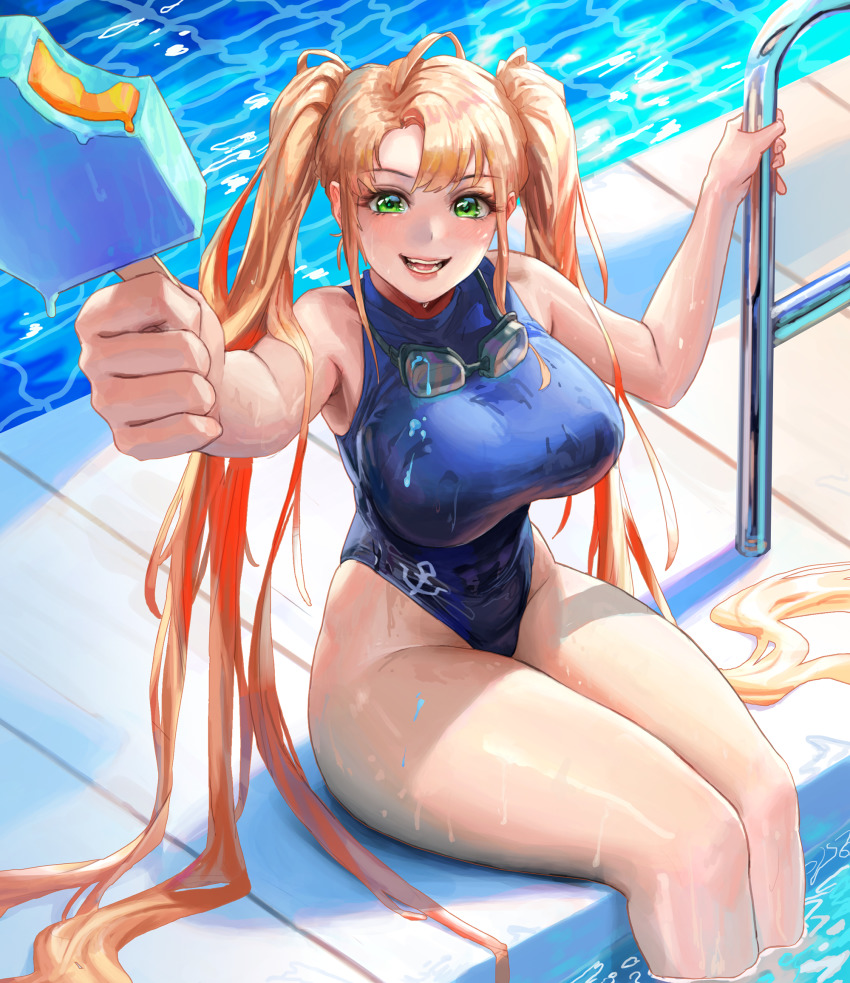 1girl blush breasts competition_swimsuit food goggles goggles_around_neck green_eyes highres incoming_food large_breasts last_origin long_hair nereid_(last_origin) one-piece_swimsuit open_mouth orange_hair pool poolside popsicle smile solo swimsuit thighhighs twintails very_long_hair wet wet_hair wonchun