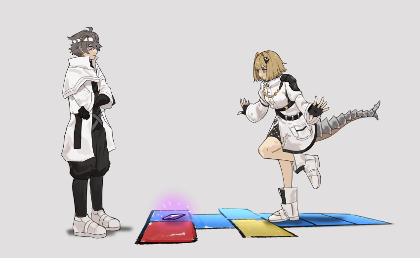 1boy 1girl ahoge alchemy_stars balancing black_gloves black_pants black_socks blonde_hair boots brown_hair capelet crossed_arms crystal fingerless_gloves full_body gameplay_mechanics gloves glowing hair_ornament hairband hairclip highres hopscotch jacket looking_at_another looking_down military_jacket navigator_(alchemy_stars) notice_lines pants simple_background single_shoulder_pad socks standing standing_on_one_leg tail vice_(alchemy_stars) white_capelet white_footwear white_jacket xo_wawawa