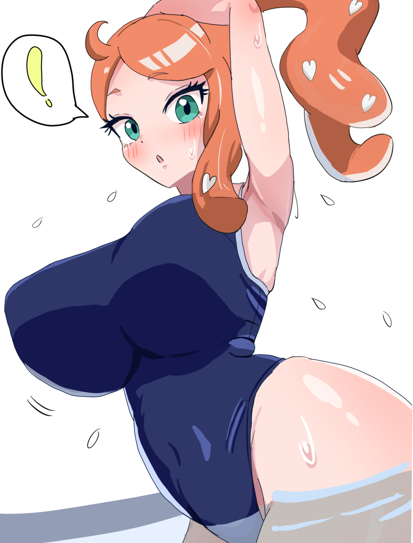 1girl absurdres amrbatafri breasts from_below highres large_breasts nintendo pokemon pokemon_swsh school_swimsuit sonia_(pokemon) swimsuit thighs