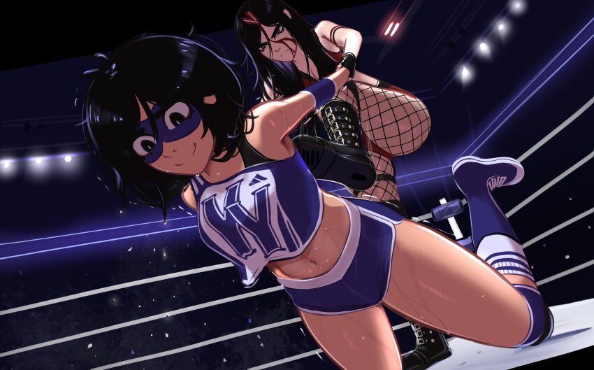 2girls absurdres black_hair blood blood_on_face boots fighting gloves highres kadence_(veyonis) kicking knee_pads kneeling lace-up_boots latvian_flag long_hair multiple_girls off_shoulder short_hair sweat tank_top veyonis wrestling wrestling_mask wrestling_outfit wrestling_ring yuna_(veyonis)