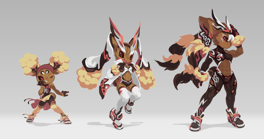 2017 3girls abs absurdres animal_ears biceps black_gloves black_leggings breasts buneary closed_mouth coat crop_top deltoids eyeliner furry furry_female gen_4_pokemon gloves head_tilt highres krita_(medium) leggings long_sleeves lopunny makeup medium_breasts mega_lopunny mega_pokemon multiple_girls navel nintendo non-web_source open_mouth pokemon quads rabbit rabbit_ears rabbit_girl rabbit_tail serratus_anterior shirt shoes signature simple_background sleeveless sleeveless_shirt smile sneakers standing standing_on_one_leg tail toned tyson_tan v-shaped_eyebrows white_leggings yellow_leggings