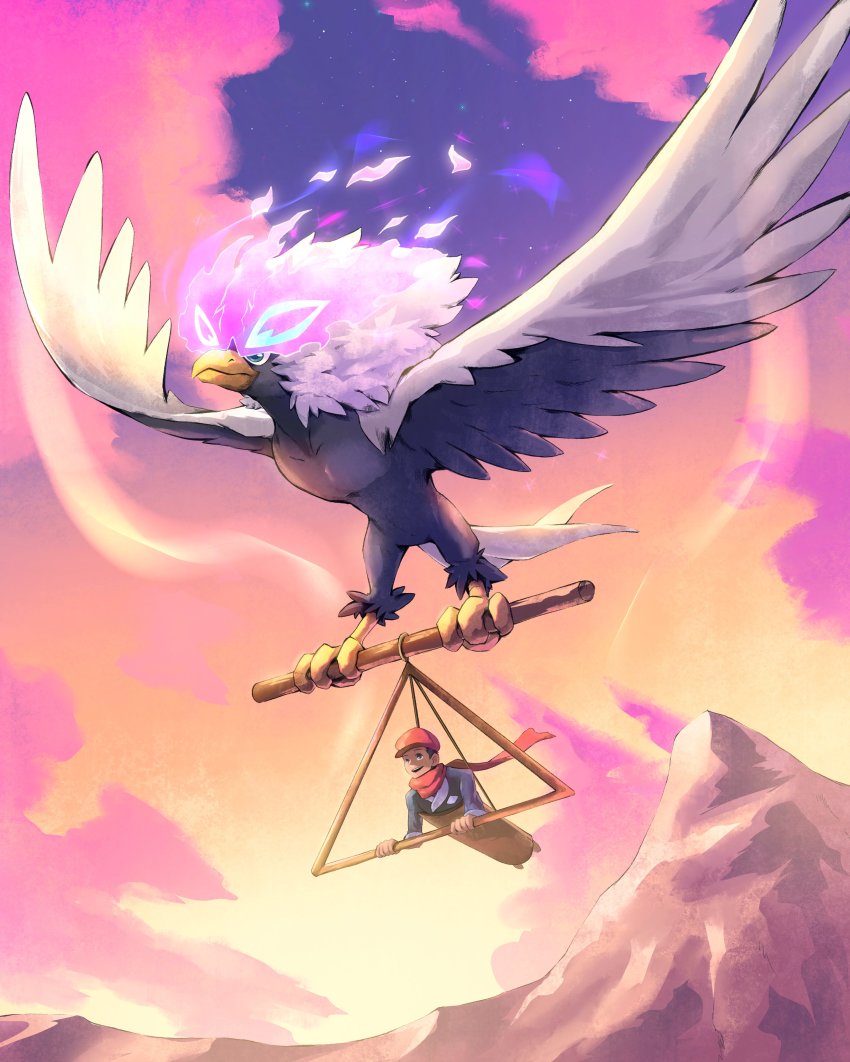 1boy absurdres beak bird cloud commentary english_commentary floating_scarf from_below glowing hang_gliding hat highres hisuian_braviary holding jacket kelvin-trainerk long_sleeves male_focus mountain nintendo outdoors pokemon pokemon_(creature) pokemon_legends:_arceus red_headwear red_scarf rei_(pokemon) scarf sky