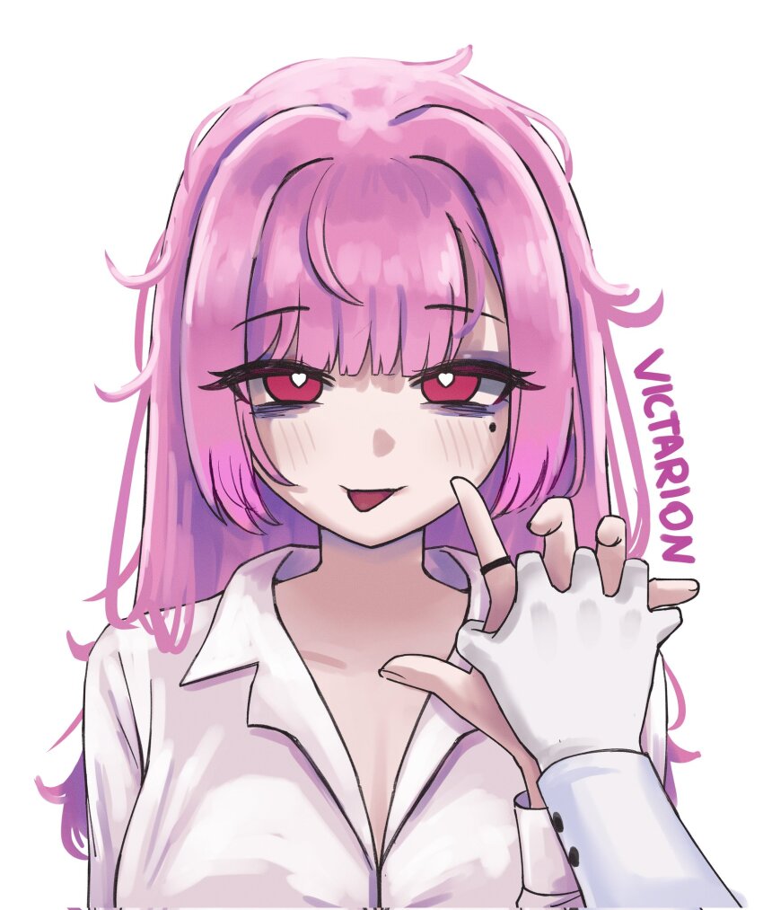 1girl banmin banmin_chan breasts colored_skin eizoku_shizu eyeshadow eyeshadow_under_eye highres hime_cut holding_hands large_breasts lipstick long_hair makeup military_lolita mole permabanned pink_hair pinkmin red_eyes shirt thick_thighs thighs undressing victarionsc virtual_youtuber white_shirt white_skin