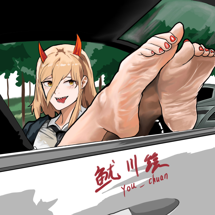 1girl barefoot blonde_hair blush car chainsaw_man feet feet_up highres horns long_hair motor_vehicle nail_polish open_mouth power_(chainsaw_man) sharp_teeth soles teeth toenail_polish toenails toes tongue tongue_out yellow_eyes you_chuan_hui