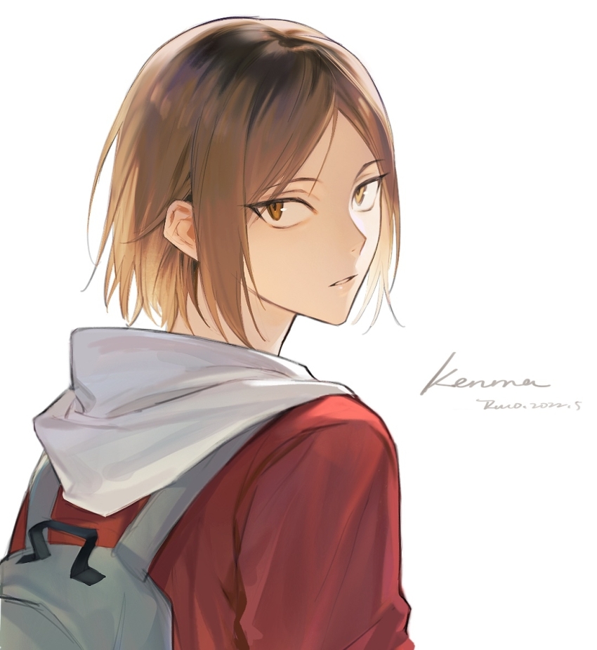 1boy backpack bag brown_eyes brown_hair character_name from_behind haikyuu!! hood hood_down hoodie jacket kozume_kenma looking_at_viewer looking_back male_focus multicolored_hair parted_bangs parted_lips red_jacket ru_(famia) short_hair signature simple_background solo upper_body white_background