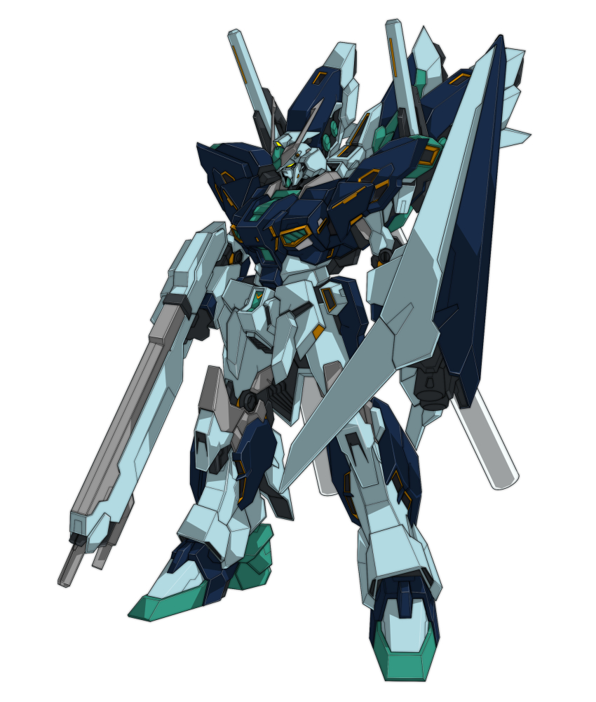 absurdres arm_shield beam_rifle beastkingbarbaros char&#039;s_counterattack char&#039;s_counterattack_-_beltorchika&#039;s_children commentary energy_gun full_body fusion gun gundam gundam_msv gundam_narrative hi-nu_gundam highres holding holding_gun holding_weapon mecha mecha_focus mobile_suit no_humans nu_gundam_hws robot science_fiction shield simple_background sinanju_stein solo standing v-fin weapon white_background yellow_eyes