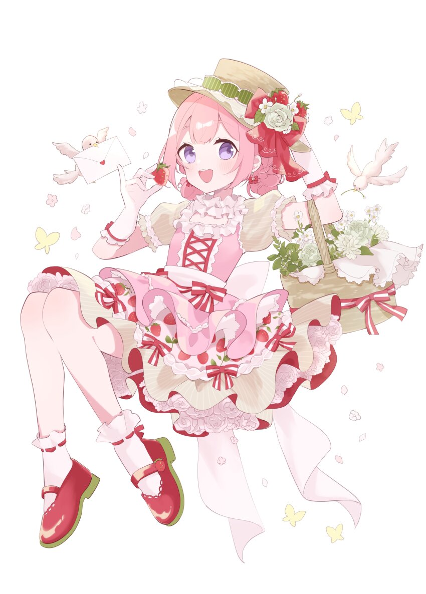 19_okeke 1girl absurdres bag bird blue_eyes blush bug butterfly dress elbow_gloves flower food frilled_dress frills fruit full_body gloves hat highres holding holding_food insect letter looking_at_viewer nijisanji open_mouth pink_hair red_shoes shoes socks solo strawberry suo_sango teeth upper_teeth_only virtual_youtuber white_background white_gloves white_socks