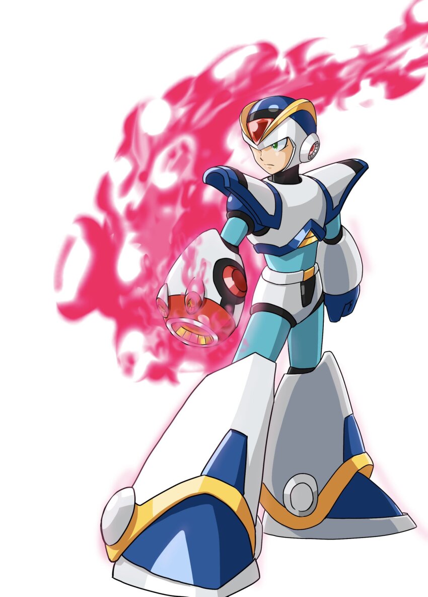 1boy 6rockmantaro9 arm_cannon armor aura first_armor_x_(mega_man) forehead_jewel full_body green_eyes helmet highres male_focus mega_man_(series) mega_man_x1 mega_man_x_(series) simple_background solo weapon white_armor white_background white_helmet x_(mega_man)