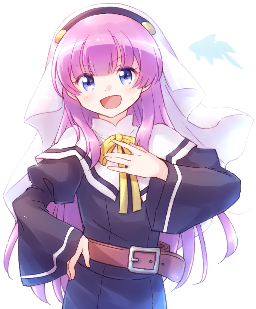 1girl absurdres belt belt_buckle black_dress blue_eyes brown_belt buckle commentary dress hand_on_own_chest hand_on_own_hip highres kamisama_ni_natta_hi long_hair long_sleeves neck_ribbon nyaa_(nnekoron) open_mouth pink_hair ribbon satou_hina_(kamisama_ni_natta_hi) simple_background smile solo upper_body veil white_background white_veil yellow_ribbon