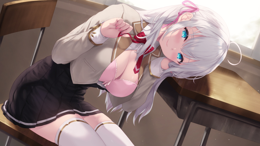 1girl ahoge alisa_mikhailovna_kujou black_skirt blazer blue_eyes bra breasts buttons cait_aron chair classroom cleavage closed_mouth collared_shirt commentary desk double-breasted grey_jacket hair_between_eyes hair_ribbon head_tilt highres indoors jacket large_breasts long_hair looking_at_viewer pink_bra pleated_skirt red_ribbon ribbon school_chair school_desk school_uniform seiren_academy_school_uniform shirt sitting skirt smile solo thighhighs tokidoki_bosotto_roshia-go_de_dereru_tonari_no_alya-san underwear variant_set white_shirt white_thighhighs wing_collar