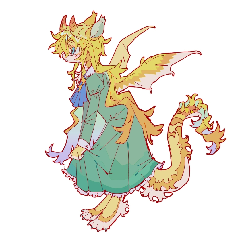 1girl absurdres ascot blonde_hair blue_ascot blue_eyes closed_mouth collared_shirt colored_eyelashes commentary dragon_girl dragon_horns dragon_wings dress from_side full_body furrification furry furry_female green_dress highres horns ib_(kouri) juliet_sleeves long_hair long_sleeves mary_(ib) puffy_sleeves shirt simple_background skirt_hold solo symbol-only_commentary very_long_hair white_background wings xiboliya_suanxing_shengwu
