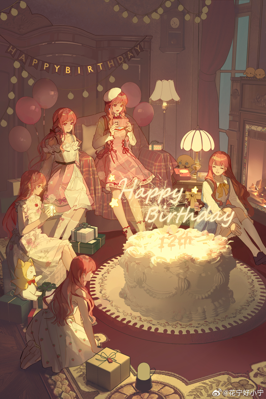&gt;_&lt; 5girls ^_^ absurdres animal ankle_socks argyle_clothes argyle_dress armchair balloon bare_arms bare_shoulders bead_necklace beads belt beret bird birthday birthday_cake black_belt black_footwear blue_skirt blue_sky blunt_bangs book bow bow_legwear bowtie bra_strap braid brown_bow brown_eyes cake candle capelet cat cellphone chair chick chinese_commentary clock clone closed_eyes closed_mouth clothed_animal clothes_writing collarbone commentary_request cross-laced_clothes cross-laced_dress cross-laced_footwear cup curtains dark day dress dress_ribbon dress_shirt drink ear_covers fireplace floral_print flower flower_necklace food food_print frilled_dress frilled_shirt frilled_shirt_collar frilled_skirt frills fruit_print gift hair_bow hair_over_shoulder hands_on_own_legs happy happy_birthday hat high-waist_skirt high_collar high_heels highres holding holding_cup holding_drink holding_phone hood hood_up hooded_capelet huaning_haoxiao_ning indoors infinity_nikki jewelry kneehighs kneeling knees_up lamp layered_skirt living_room loafers long_dress long_hair long_sleeves looking_at_food looking_at_object low_twintails medium_dress medium_skirt miniskirt miracle_nikki momo_(nikki) mug multiple_girls necklace nightstand nikki_(nikki) nikki_(series) nikki_up2u nikki_up2u2:_world_traveller off-shoulder_shirt off_shoulder on_chair oversized_food oversized_object parted_lips phone pillow pinafore_dress pink_bow pink_dress pink_hair pink_skirt plate pleated_dress puffy_long_sleeves puffy_sleeves pumps red_bow red_bowtie red_flower red_ribbon red_rose ribbon rose rose_print shining_nikki shirt shoes sidelocks skirt sky sleeveless sleeveless_dress sleeveless_shirt smartphone smile socks star_(symbol) steam strapless strapless_dress strawberry_print suspender_skirt suspenders taking_picture traditional_bowtie twin_braids twintails very_long_hair watermark wavy_hair weibo_watermark white_cat white_dress white_footwear white_hat white_shirt white_skirt white_socks window yellow_bow yellow_bowtie yellow_capelet