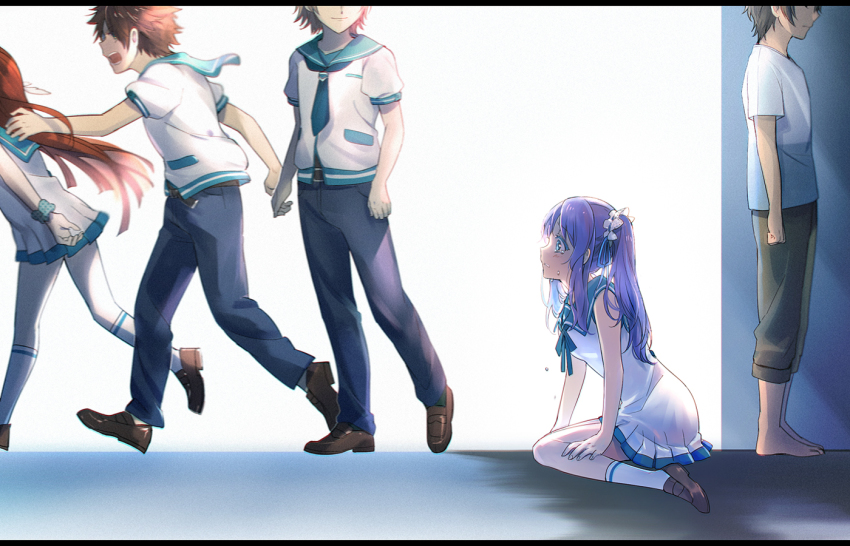 2girls 3boys aki_(neyuki41028) aqua_sailor_collar barefoot blue_eyes blue_hair blue_neckwear blue_pants blue_ribbon brown_footwear brown_hair brown_pants closed_mouth dress floating_hair hair_ribbon head_out_of_frame hiradaira_chisaki isaki_kaname jacket kihara_isamu kihara_tsumugu loafers long_hair mukaido_manaka multiple_boys multiple_girls nagi_no_asukara pants pleated_dress ribbon running sailor_collar sailor_dress school_uniform scrunchie shoes short_dress short_sleeves sitting sleeveless sleeveless_dress smile socks standing twintails very_long_hair wariza white_dress white_jacket white_legwear wrist_scrunchie