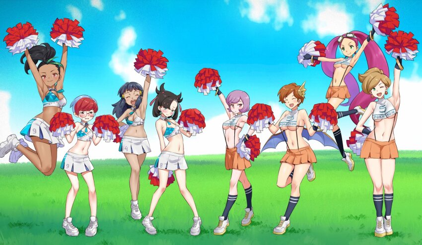 6+girls arm_up armpits aurea_juniper black_gloves black_hair black_socks blue_hair bracelet breasts brown_hair cheerleader cleavage cloud commentary_request courtney_(pokemon) dark-skinned_female dark_skin dawn_(pokemon) day earrings glasses gloves grass green_hair hair_ornament hands_up highres holding holding_pom_poms igni_tion jewelry knees leg_up legs_apart long_hair looking_at_viewer lovrina_(pokemon) marnie_(pokemon) medium_breasts multicolored_hair multiple_girls navel nemona_(pokemon) nene nene_(sengoku_musou) nintendo orange_skirt outdoors penny_(pokemon) pigeon-toed pleated_skirt pokemon pokemon_bw pokemon_conquest pokemon_dppt pokemon_oras pokemon_sv pokemon_swsh pokemon_xd pom_pom_(cheerleading) pom_poms ponytail purple_hair red_hair round_eyewear shirt shoes short_hair skirt sky sleeveless sleeveless_shirt small_breasts sneakers socks standing standing_on_one_leg streaked_hair twintails two-tone_hair white_footwear