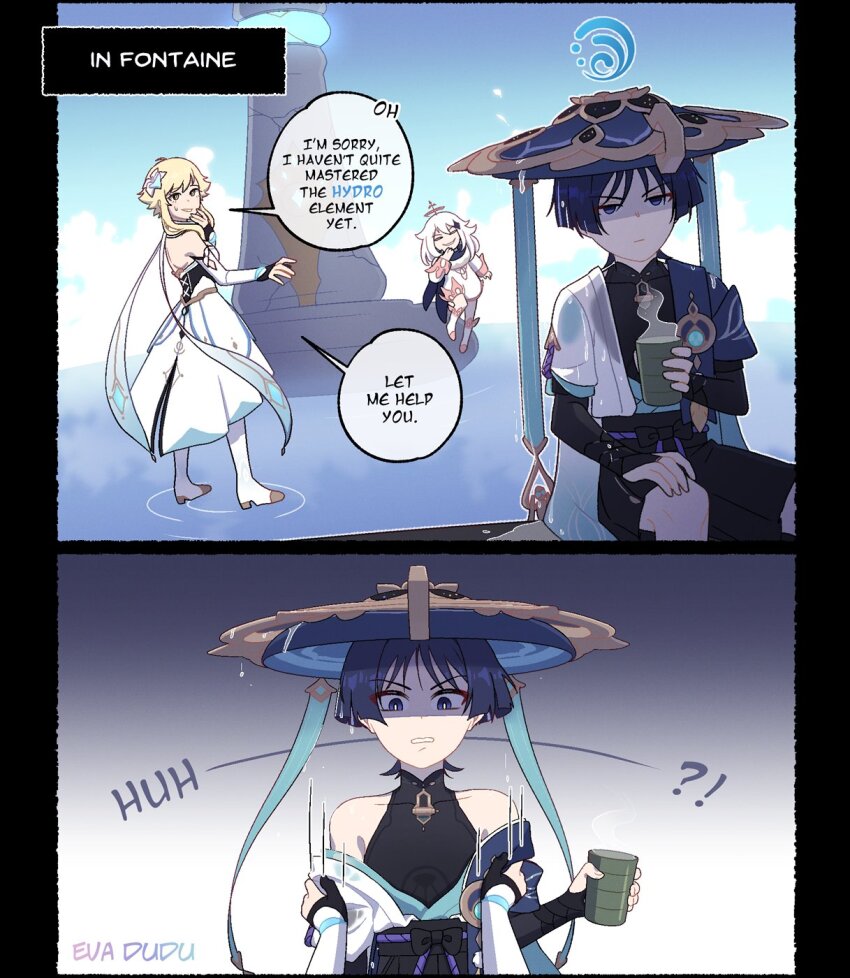 1boy 2girls 2koma annoyed artist_name black_shorts black_sleeves blonde_hair closed_mouth comic commentary cup dress english_commentary english_text evil_smile eyeliner eyeshadow floating flower genshin_impact gloves hair_flower hair_ornament halo hand_on_own_knee hat highres japanese_clothes kakaolikeslegs looking_at_another lumine_(genshin_impact) makeup multiple_girls paimon_(genshin_impact) red_eyeliner red_eyeshadow scaramouche_(genshin_impact) short_hair_with_long_locks shorts sidelocks sitting smile speech_bubble standing standing_on_liquid statue_of_the_seven sweatdrop undressing v-shaped_eyebrows wanderer_(genshin_impact) wet wet_clothes white_dress white_flower white_hair