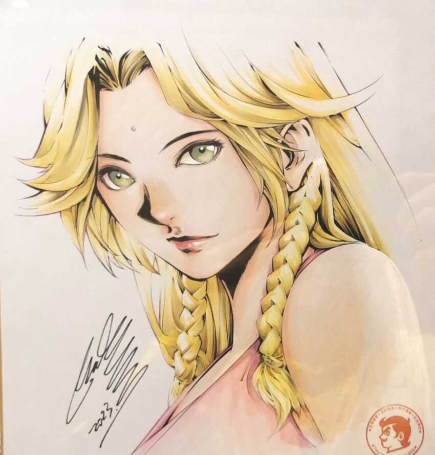 1girl andy_seto blonde_hair braid chinese_commentary commentary_request facial_mark forehead forehead_mark green_eyes highres light_smile long_hair low_twin_braids marker_(medium) original photo_(medium) portrait red_lips signal solo traditional_media twin_braids widow&#039;s_peak