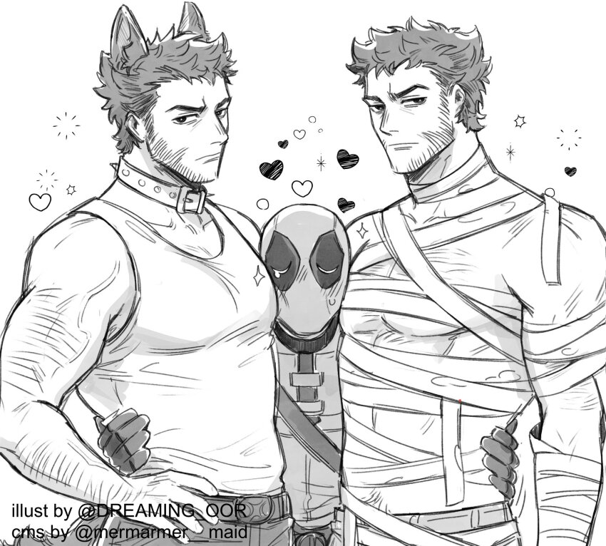 3boys animal_ears arm_hair bandaged_arm bandages bara beard belt between_pecs between_pectorals blush bodysuit boy_sandwich cheek_press chest_hair closed_mouth collar commission cosplay deadpool deadpool_&amp;_wolverine deadpool_(series) dreaming_oor dual_persona facial_hair halloween_costume hand_on_another&#039;s_waist head_between_pecs heart highres large_pectorals looking_at_viewer male_focus marvel marvel_cinematic_universe mask mature_male monochrome multiple_boys mummy_costume muscular muscular_male pants pectorals sandwiched second-party_source short_hair superhero_costume tail tank_top tearing_up v-shaped_eyebrows veins veiny_arms werewolf_costume wolf_ears wolf_tail wolverine_(x-men) x-men yaoi