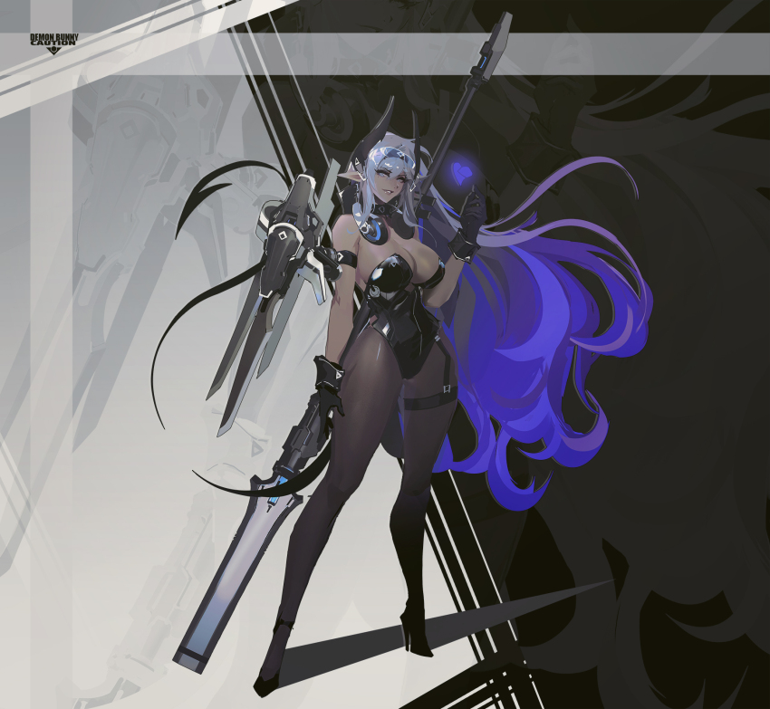 1girl arm_strap bare_shoulders black_gloves black_leotard black_pantyhose blue_hair breasts cleavage commentary dark-skinned_female dark_elf dark_skin detached_collar elf english_commentary full_body gloves gradient_hair high_heels highres holding_behind_back holding_polearm holding_polearm_behind_back holding_weapon holding_weapon_behind_back large_breasts leotard multicolored_hair original pantyhose pointy_ears polearm purple_hair smjim1986 solo tail thigh_strap