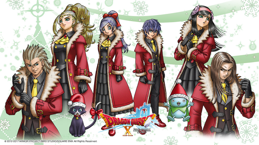 1other 3boys 3girls adjusting_clothes adjusting_gloves aqua_eyes artist_request ascot black_cat black_dress black_pants black_vest blonde_hair blue_eyes blue_hair bow brother_and_sister brown_eyes brown_hair buttons cat choker christmas circlet clenched_hand coat collar copyright_logo double-breasted dragon_quest dragon_quest_x dress dual_persona earrings farras_(dq10) floating_hair flower flower_hairband fur-trimmed_coat fur_trim gloves gold_circlet gold_earrings hair_bow hairband hat high_ponytail highres jewelry kyururu_(dq10) long_hair looking_at_another looking_at_viewer looking_to_the_side lotus medium_hair mereade multiple_boys multiple_girls necktie official_art official_wallpaper padre_(dq10) pants parted_hair parted_lips pink_hairband ponytail quad_(dq10) red_bow red_coat rinka_(dq10) santa_hat shante_(dq10) short_hair siblings sisters smile smirk spiked_hair star_(symbol) star_choker stud_earrings third-party_source uncle_and_nephew uncle_and_niece vest yellow_ascot yellow_necktie
