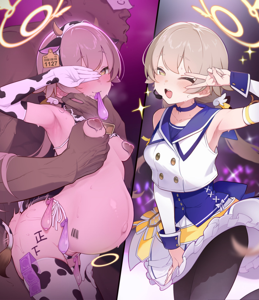 1boy 1girl animal_ear_hairband animal_ears animal_print armpits ashiba barcode barcode_tattoo bell bikini black_pantyhose blue_archive blue_choker blue_corset blush body_writing breasts brown_hair choker clothed_sex condom condom_belt condom_in_mouth condom_packet_strip condom_thigh_strap condom_wrapper corset covering_one_eye cow_ear_hairband cow_ears cow_horns cow_print cow_print_bikini cow_print_gloves cow_print_thighhighs cow_tail cowbell dark-skinned_male dark_skin doodle_sensei_(blue_archive) ear_tag elbow_gloves fake_animal_ears fake_horns gloves grabbing_another&#039;s_breast groping hairband halo happy_sex heart hetero hifumi_(blue_archive) highres horns id_card idol idol_clothes juxtaposition mischievous_straight_uniform_(blue_archive) mouth_hold multiple_condoms navel neck_bell nipple_piercing nipples official_alternate_costume one_eye_closed open_mouth pantyhose piercing pointless_condom pregnancy_halo pregnant print_bikini print_gloves print_thighhighs pubic_hair sensei_(blue_archive) sex sex_from_behind small_breasts smile stage stray_pubic_hair sweat swimsuit tail tally tattoo thighhighs used_condom used_condom_in_clothes v variant_set wink