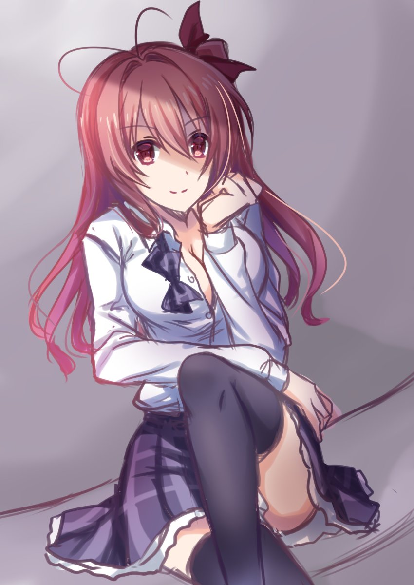 1girl absurdres antenna_hair black_thighhighs chaos;head crossed_legs evil_smile female_focus hair_ribbon highres long_hair looking_at_viewer nishijou_myu one_side_up open_clothes pink_eyes pink_hair ribbon sakihata_rimi school_uniform sitting skirt smile solo thighhighs zettai_ryouiki
