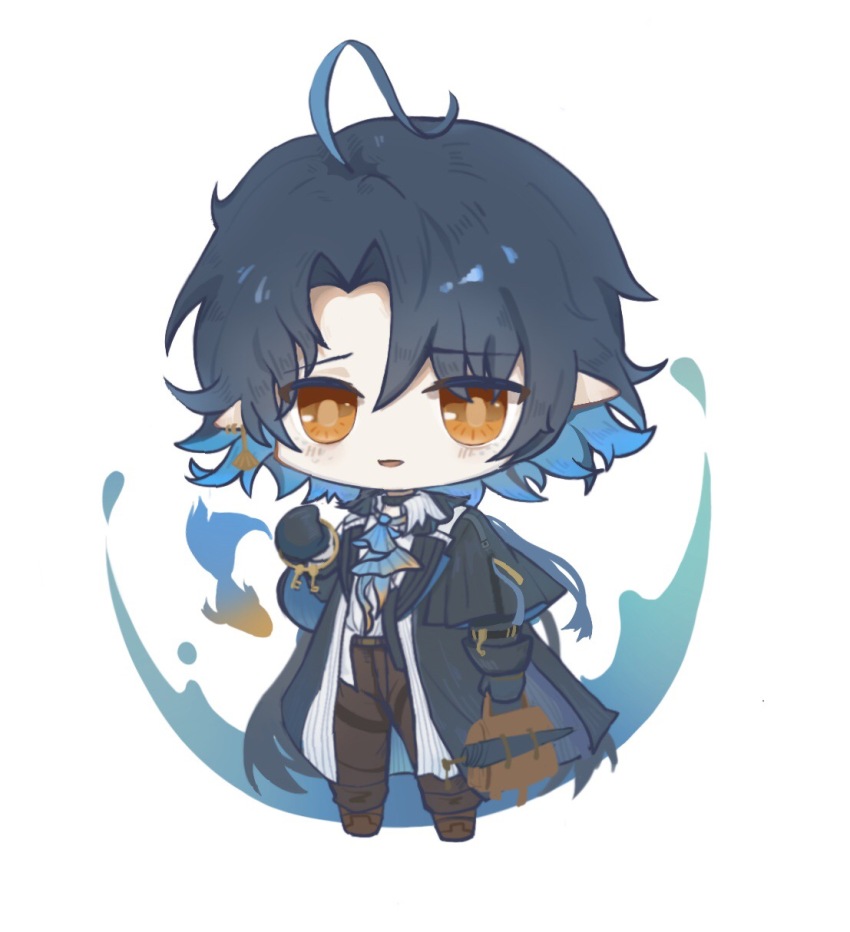01252574 1boy ahoge arknights black_coat black_gloves black_hair blue_hair brown_pants chibi chibi_only chinese_commentary coat colored_inner_hair commentary_request eyes_visible_through_hair full_body gloves hair_intakes highres holding lumen_(arknights) male_focus multicolored_hair orange_eyes pants pointy_ears short_hair simple_background solo standing umbrella white_background