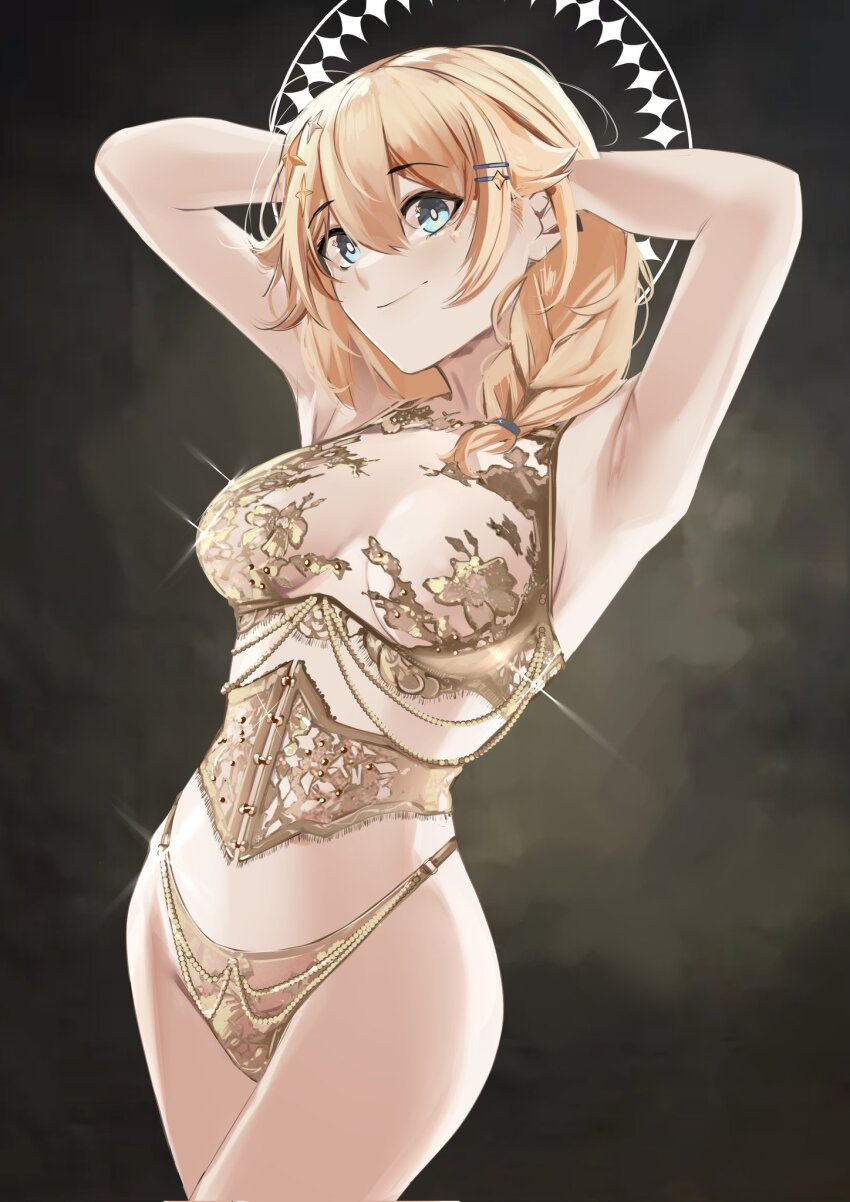 1girl armpits arms_behind_head blonde_hair blue_eyes braid breasts bright_pupils closed_mouth corrupted_twitter_file hair_ornament hairpin halo highres kaneko_lumi long_hair phase_connect pupi_(rain_prophet) solo star_(symbol) star_hair_ornament virtual_youtuber white_pupils