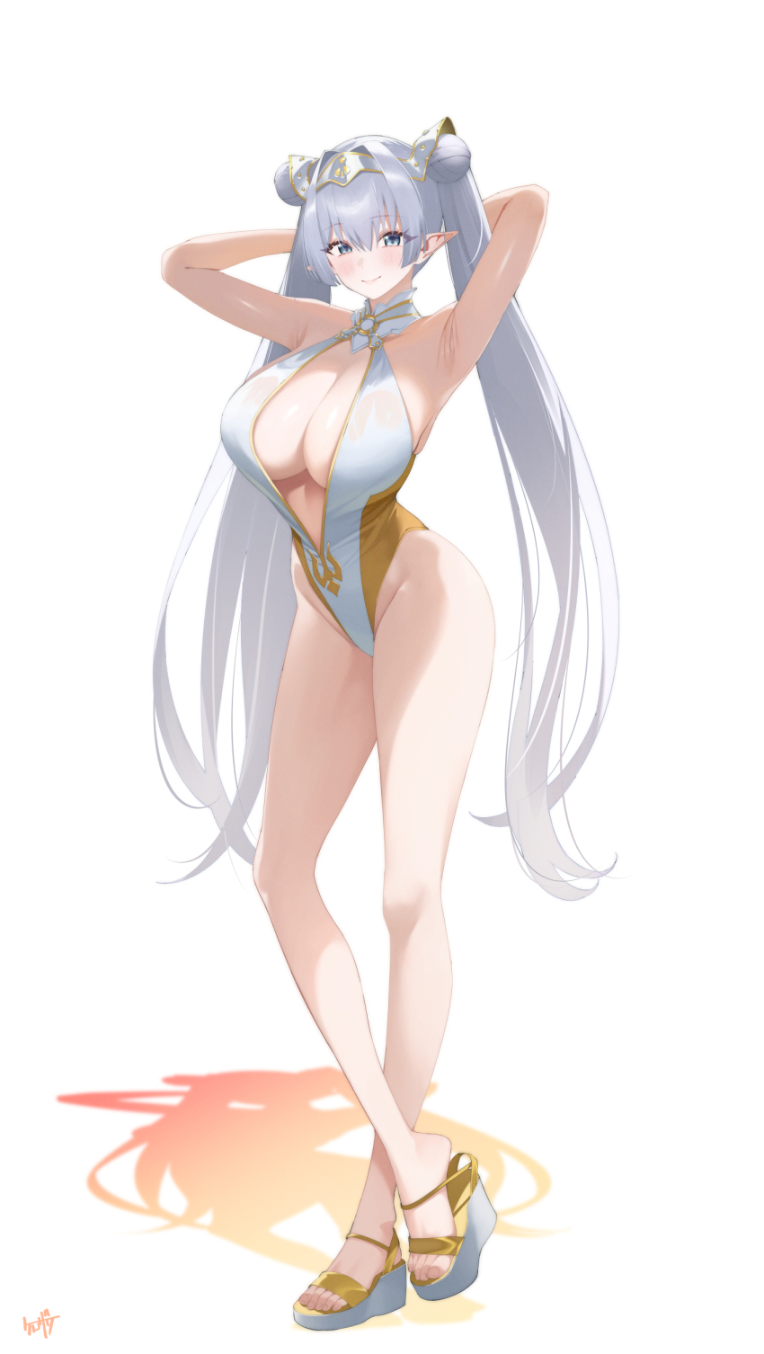 1girl absurdres alternate_costume armpits arms_up bare_arms bare_legs bare_shoulders blue_eyes breasts britomart_(fate) cleavage closed_mouth double_bun fate/grand_order fate_(series) full_body grey_hair hair_bun highleg highleg_one-piece_swimsuit highres kurozawa_yui large_breasts long_hair looking_at_viewer one-piece_swimsuit pointy_ears simple_background smile solo standing swimsuit thighs toes white_background white_one-piece_swimsuit