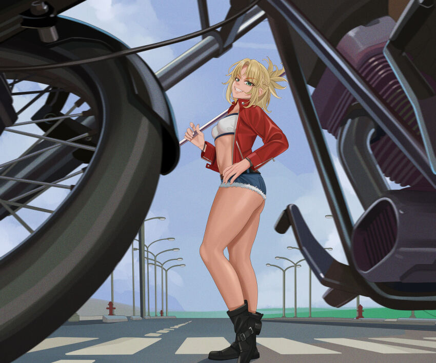 1girl absurdres black_boots blonde_hair boots crosswalk cutoffs denim denim_shorts fate/apocrypha fate_(series) fire_hydrant full_body green_eyes grin hand_on_own_hip highres jacket lamppost legs long_sleeves mordred_(fate) mordred_(fate/apocrypha) motor_vehicle motorcycle navel ponytail quatthro red_jacket shorts sky smile solo stomach thighs