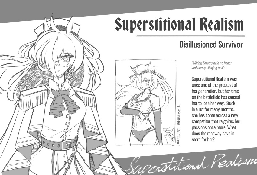 1girl abs absurdres ahoge animal_ears arm_under_breasts belt belt_buckle buckle buttons character_name dress epaulettes frostfiresoul greyscale hair_over_one_eye hat highres horse_ears horse_race_tests long_hair military_uniform monochrome superstitional_realism