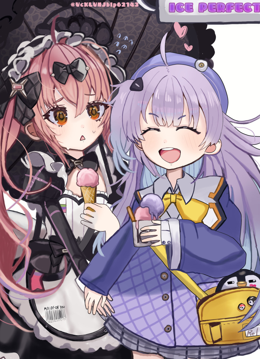 absurdres apron black_dress bow cocoa_(nikke) dress food goddess_of_victory:_nikke hair_bow hair_ornament hat highres ice_cream jacket long_hair long_sleeves looking_at_viewer maid maid_apron maid_headdress multiple_girls open_mouth pink_hair purple_hair red_eyes rei_(nikke) school_uniform shirt skirt twintails usagi_satsuki