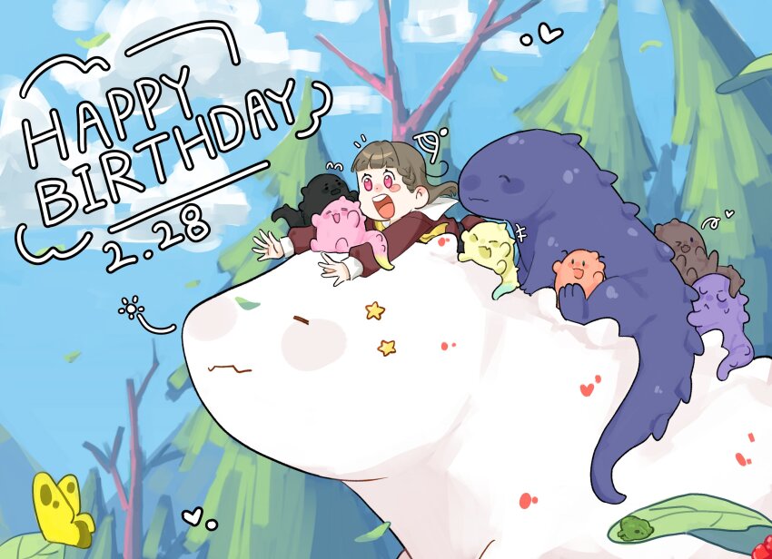 +++ 1girl :d ^_^ animal animalization anyoji_hime basil_(wgh0anzdple3asf) blue_sky blush_stickers braid brown_dress brown_hair bug butterfly center-flap_bangs closed_eyes commentary_request dated day dinosaur dress fangs fangs_out flying_sweatdrops frog fujishima_megumi happy_birthday hasu_no_sora_school_uniform highres hinoshita_kaho insect kachimachi_kosuzu korean_commentary link!_like!_love_live! long_hair long_sleeves looking_at_another love_live! momose_ginko murano_sayaka neckerchief open_mouth osawa_rurino otomune_kozue outdoors pink_eyes riding riding_dinosaur sailor_collar sailor_dress school_uniform side_braids sitting skin_fangs sky smile squeans sweatdrop teeth u_u upper_teeth_only virtual_youtuber white_sailor_collar winter_uniform yellow_butterfly yellow_neckerchief yugiri_tsuzuri