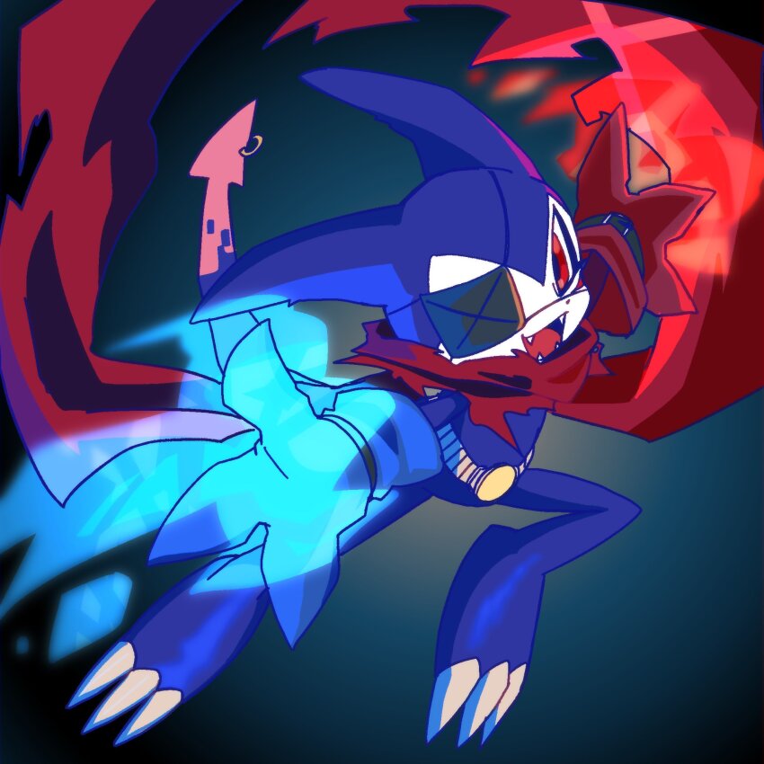 1boy black_background blue_background blue_fire colored_skin demon_boy digimon digimon_(creature) fangs fewer_digits fire full_body gloves gradient_background highres impmon impmon_x-antibody megane_mochi open_mouth purple_skin red_eyes red_gloves red_scarf scarf simple_background solo