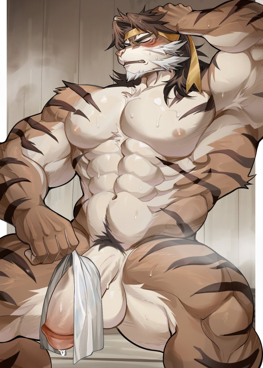 1boy abs animal_ears ao_(chung0u0) arknights armpit_hair armpits bara beard blush brown_hair chest_hair closed_eyes cloth cum cumdrip facial_hair fundoshi furry furry_male hand_up headband heavy_breathing highres huai_tianpei_(arknights) japanese_clothes large_pectorals male_focus muscular muscular_male nipples nude pectorals penis pubic_hair sauna sitting solo spread_legs stomach sweat sweatdrop thick_thighs thighs tiger_boy very_sweaty
