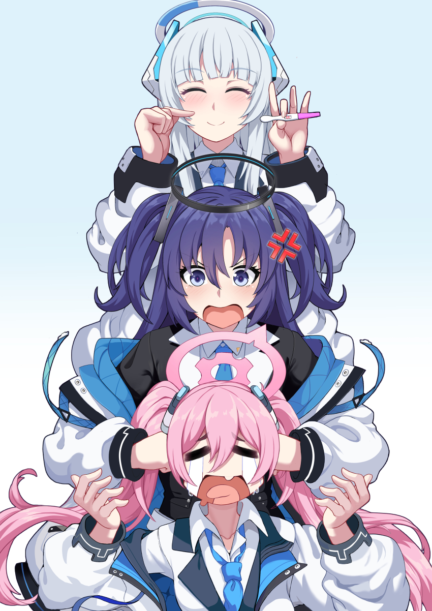 3girls ^_^ absurdres anger_vein angry black_gloves blazer blue_archive blue_necktie blunt_bangs closed_eyes coat collared_shirt commentary crying gloves hair_between_eyes hair_ornament halo hasaya headgear highres holding holding_pregnancy_test implied_pregnancy jacket koyuki_(blue_archive) lanyard long_hair looking_at_another looking_at_viewer multiple_girls necktie noa_(blue_archive) open_clothes open_coat parted_bangs pointing pregnancy_test pregnant punishment purple_eyes purple_hair sad school_uniform shirt sidelocks smack smile streaming_tears tears twintails two_side_up white_coat white_hair yuuka_(blue_archive)