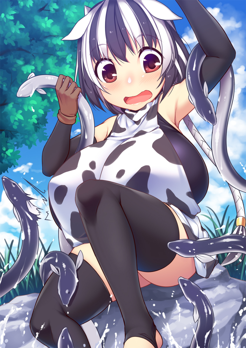 1girl animal animal_ears animal_print apron armpits arms_up bare_shoulders black_gloves black_hair black_thighhighs blush breasts brown_eyes brown_gloves cloud cloudy_sky cow_ears cow_girl cow_horns cow_print d: eel elbow_gloves eyebrows feet_out_of_frame female_focus gloves grass highres holding holding_animal horns huge_breasts knee_up kokuyouseki leather leather_gloves leotard looking_down multicolored_hair nose_blush on_rock open_mouth oppai_loli original outdoors panicking sexually_suggestive short_hair sitting sky solo splashing stirrup_legwear thighhighs toeless_legwear tree two-tone_hair water wavy_mouth white_hair
