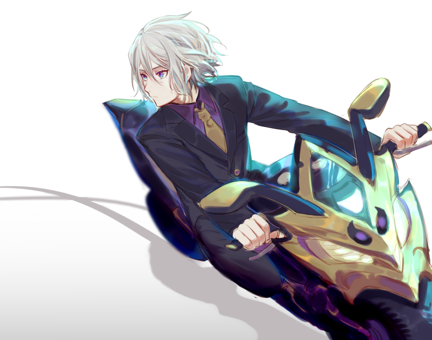 1boy adapted_object bad_id bad_pixiv_id blue_eyes csyday fate/grand_order fate_(series) formal_clothes grey_hair hair_between_eyes highres male_focus motor_vehicle motorcycle necktie prince_of_lan_ling_(fate) short_hair solo suit