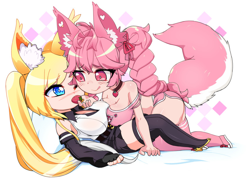 :q alice_(flanaki) animal_ears blonde_hair blue_eyes boots braid detached_sleeves edwardjsus fingerless_gloves food fox_ears fox_girl fox_tail fruit gloves kireina_(osiimi) long_hair off-shoulder_shirt off_shoulder original pink_hair shirt skirt strawberry tail thigh_boots thighhighs tongue tongue_out twintails very_long_hair virtual_youtuber