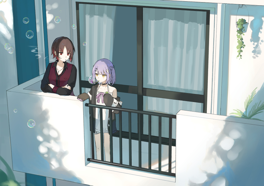 2girls black_cardigan black_hair black_shirt blowing_bubbles cardigan chemise cigarette curtains ghost_hair_ornament gradient_hair hair_ornament highres iris_black_games jewelry kisaragi_ren_(vtuber) long_sleeves multicolored_hair multiple_girls necklace oisiimizu plant potted_plant purple_hair railing red_eyes red_hair red_vest ring shinomiya_runa shinomiya_runa_(1st_costume) shirt single_bare_shoulder single_off_shoulder sleeves_past_fingers sleeves_past_wrists smoke smoking soap_bubbles two_side_up veranda vest virtual_youtuber vspo! white_chemise x_hair_ornament yellow_eyes