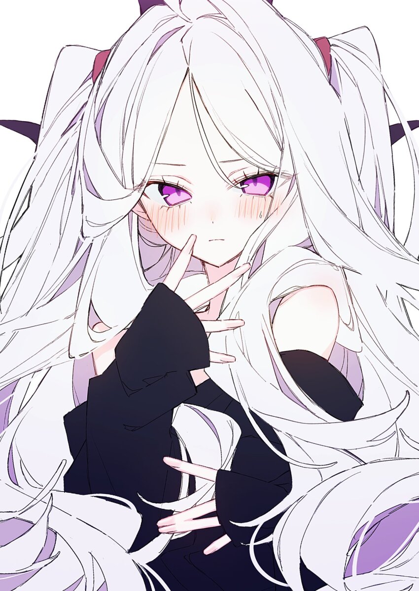 1girl alternate_costume alternate_hairstyle bare_shoulders black_shirt blue_archive blush closed_mouth demon_girl demon_horns highres hina_(blue_archive) hk_nnm horns long_hair looking_at_viewer parted_bangs purple_eyes shirt sleeves_past_wrists solo twintails upper_body white_hair