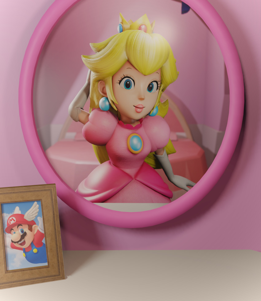 1girl 3d arm_up blender_(medium) blonde_hair blue_eyes closed_mouth commentary crown dress earrings elbow_gloves english_commentary gloves highres inkbennie jewelry lipstick long_hair makeup mario mario_(series) mirror nintendo photo_(object) picture_frame pink_dress pink_lips princess_peach puffy_short_sleeves puffy_sleeves short_sleeves smile solo super_mario_64 white_gloves wing_cap wing_mario