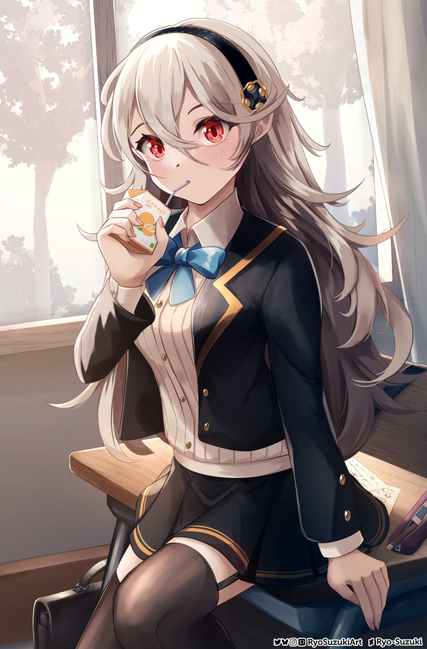 1girl absurdres alternate_costume artist_name black_hairband black_jacket black_skirt black_thighhighs blue_bow blue_bowtie bow bowtie collared_shirt commentary contemporary corrin_(female)_(fire_emblem) corrin_(fire_emblem) curtains desk fire_emblem fire_emblem_fates grey_hair hair_between_eyes hairband highres holding holding_juice_box indoors jacket juice_box long_hair looking_at_viewer nintendo open_clothes open_jacket pointy_ears red_eyes ryo-suzuki school_desk school_uniform shirt sitting skirt solo thighhighs white_shirt window