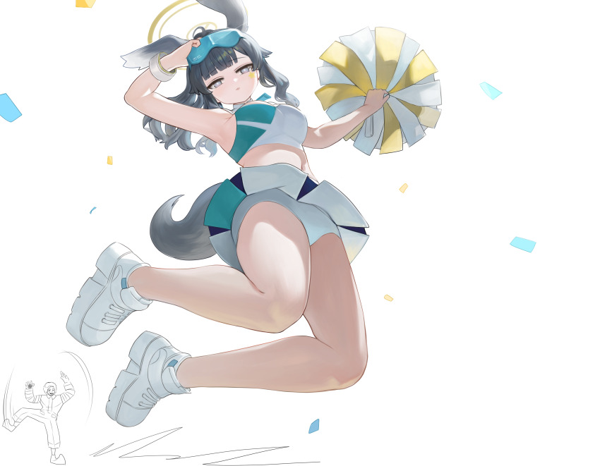 1boy 1girl absurdres ahoge animal_ears arm_up arms_up black_hair blue_archive blush breasts cheerleader confetti crop_top dog_ears dog_girl dog_tail dokomon facial_mark goggles goggles_on_head grey_eyes halo hibiki_(blue_archive) hibiki_(cheer_squad)_(blue_archive) highres long_hair looking_at_viewer mcdonald&#039;s medium_breasts midriff navel panties parted_lips pleated_skirt pom_pom_(cheerleading) ronald_mcdonald shoes simple_background skirt solo_focus standing standing_on_one_leg star_(symbol) tail underwear white_background white_panties white_shoes white_skirt