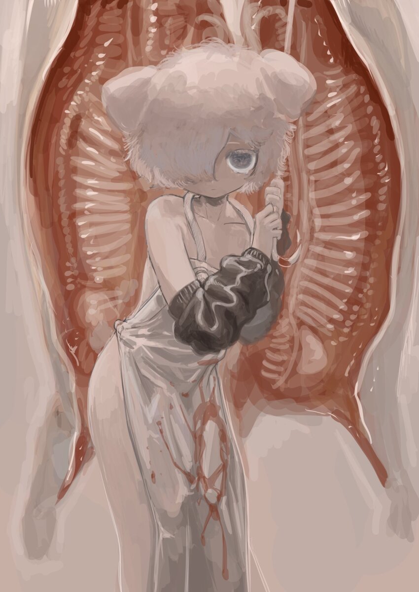 1girl animal_ears apron arm_warmers black_eyes blood blood_on_clothes butcher closed_mouth commentary dead_animal english_commentary expressionless feet_out_of_frame hair_over_one_eye hands_up hanging_food highres holding leaning_forward long_bangs looking_at_viewer meat_hook naked_apron one_eye_covered original shima_(wansyon144) short_hair simple_background solo standing tearing_up white_apron white_background white_hair