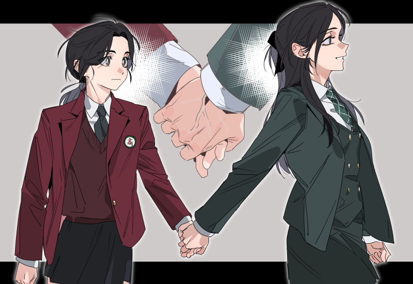 2girls absurdres black_hair black_necktie blazer chinese_commentary collared_shirt commentary_request friendly_rivalry green_necktie green_skirt green_vest half_updo highres holding_hands jacket letterboxed long_hair long_sleeves low_ponytail molu_stranger multiple_girls necktie outside_border plaid_clothes plaid_necktie ponytail red_jacket red_sweater school_uniform shirt skirt sweater vest white_shirt woo_seul-gi yoo_je-i
