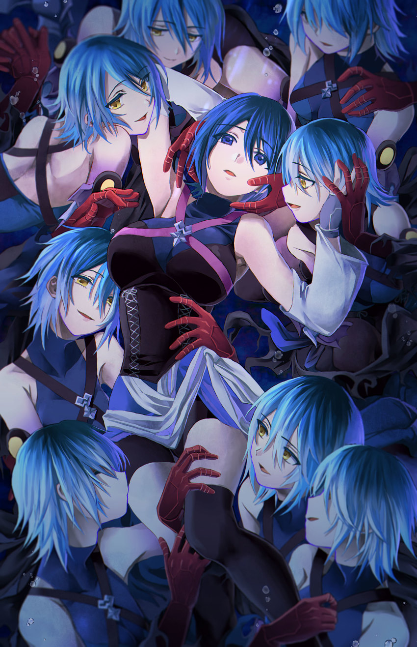 6+girls absurdres air_bubble anti-aqua aqua_(kingdom_hearts) arm_around_waist armpits black_legwear blue_eyes blue_hair bubble detached_sleeves evil_smile hair_over_eyes highres holding_hands kingdom_hearts kingdom_hearts_iii kissing_thigh looking_at_another looking_at_viewer maimai_melc multiple_girls multiple_persona short_shorts shorts silver_hair smile thigh_grab thighhighs yellow_eyes