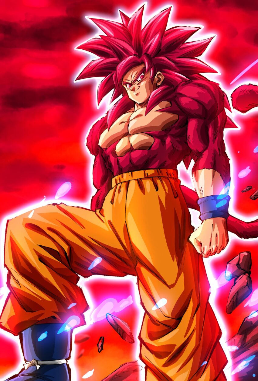 1boy aura body_fur debris dragon_ball dragon_ball_daima foot_out_of_frame highres long_hair male_focus muscular muscular_male orange_pants pants red_background red_eyes red_fur red_hair rz28kp simple_background solo son_goku spiked_hair super_saiyan super_saiyan_4 topless_male