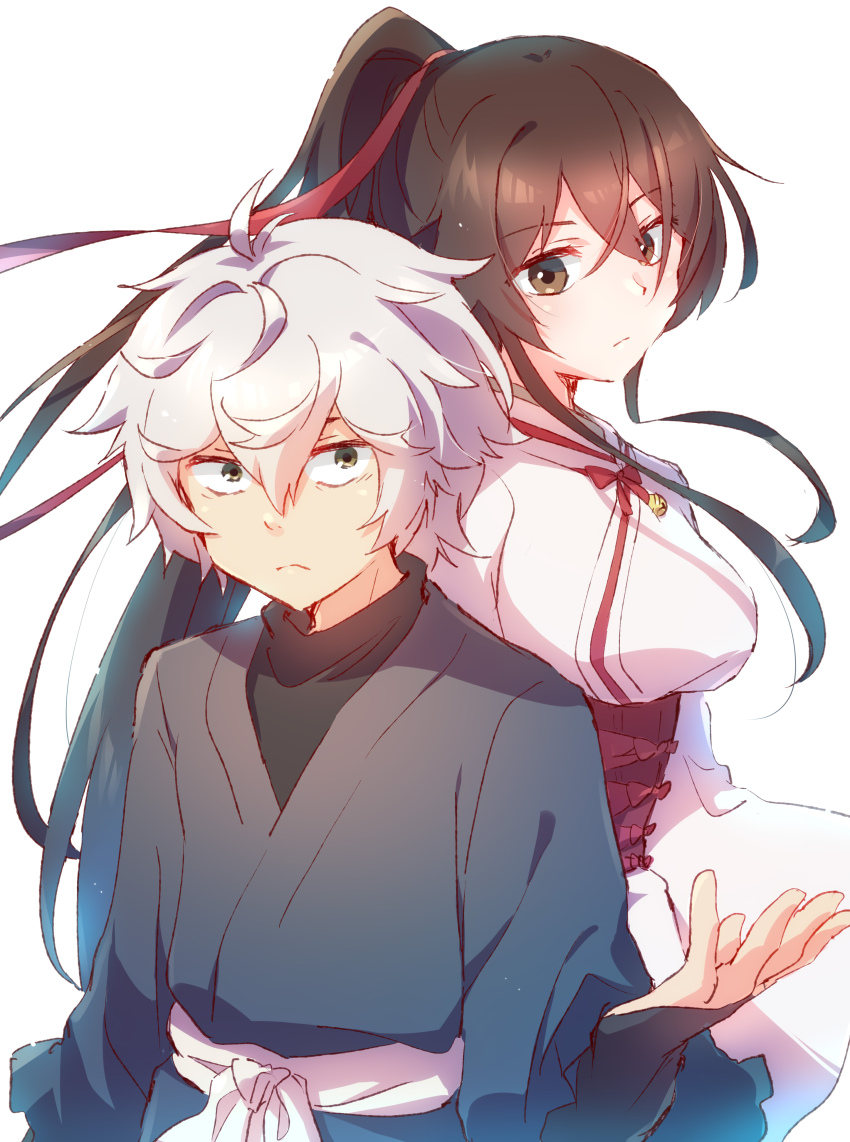 1boy 1girl absurdres belt breasts brown_eyes brown_hair closed_mouth commentary gabimaru high_ponytail highres japanese_clothes jigokuraku long_hair medium_breasts nyaa_(nnekoron) obi ponytail red_sash sash short_hair simple_background white_background white_belt white_hair yamada_asaemon_sagiri